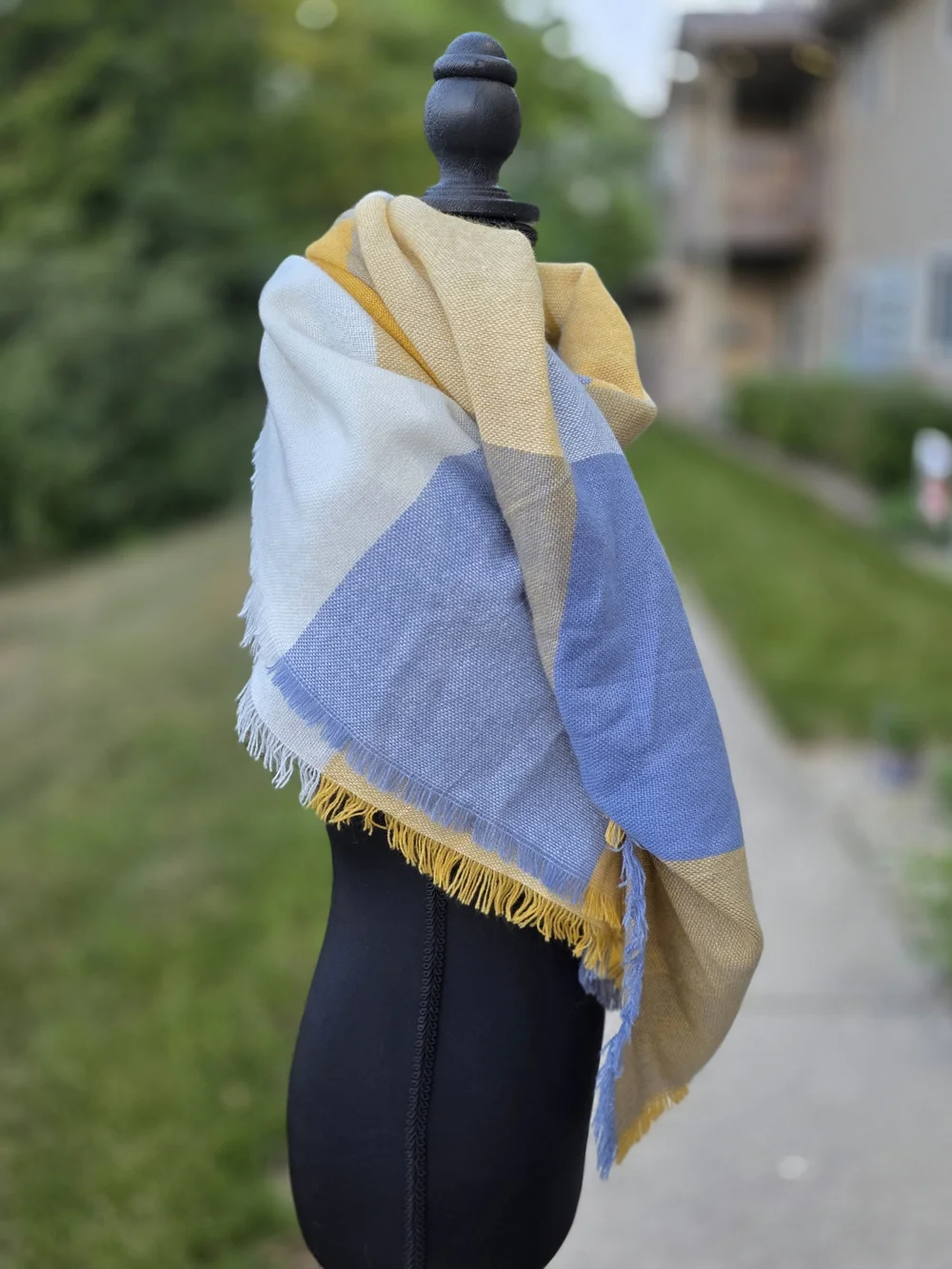 Oversized Mustard Yellow Blue Plaid Blanket Scarf Shawl Wrap